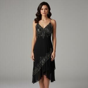 Vintage Papell Boutique Beaded Sequin Evening Dress Lined Black Womens Size 6